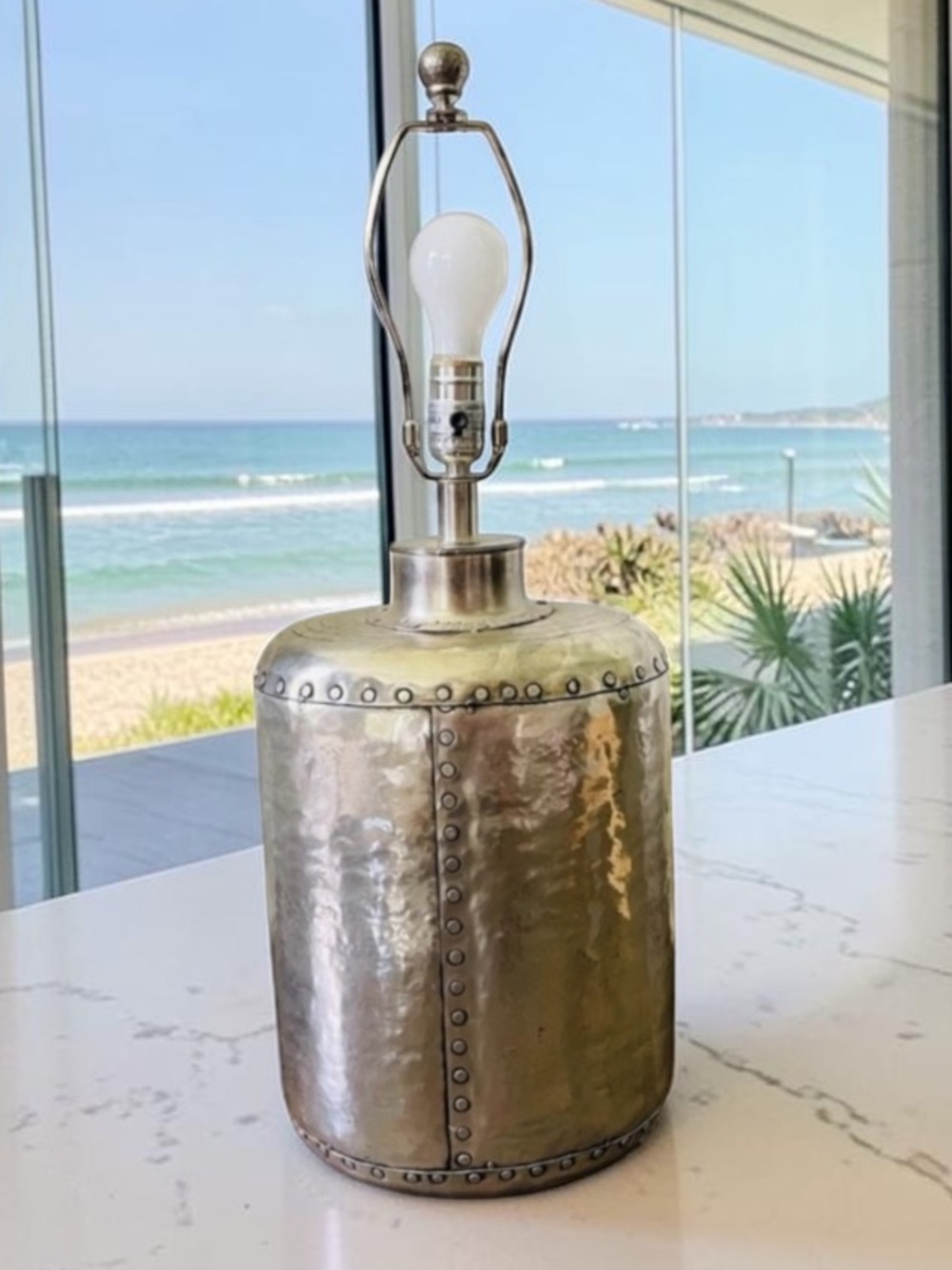 POTTERY BARN SILVER HAMMERED METAL LAMP